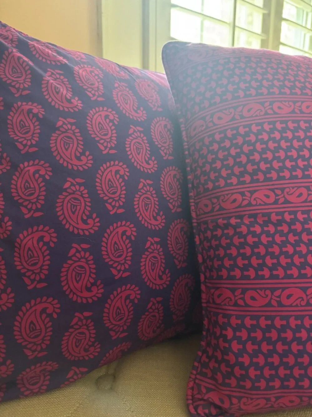 Vintage Indian Cotton Cushion Covers, Pink Purple Paisley Print (18x18)